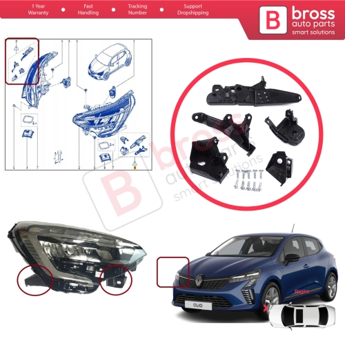 Headlight Holder Mount Repair Bracket Tab Set Right Side for Renault Clio MK5 B7 BF 2019-On 260E69870R