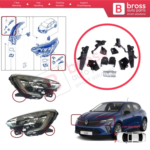 Headlight Holder Mount Repair Bracket Tab Set Left Right Side for Renault Clio MK5 B7 BF 2019-On 260E70544R 260E69870R