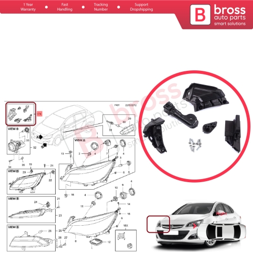 Headlight Holder Mount Repair Bracket Tab Set Right Side for Vauxhall Opel Astra J MK4 P10 2009-2015 4/5 Door GTC 2011-2018 13335737