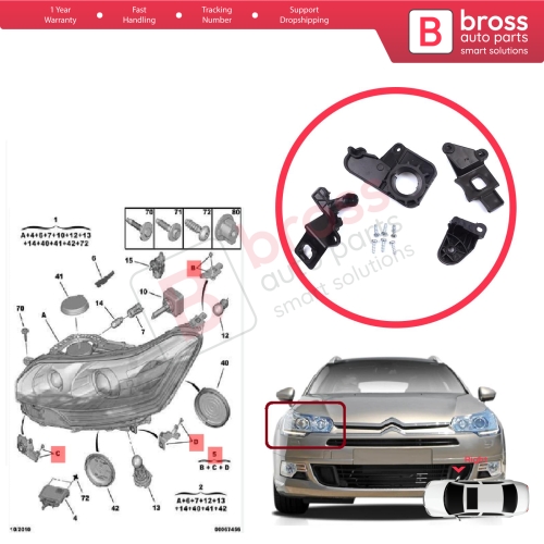 Headlight Holder Mount Repair Bracket Tab Set Right Side for Citroen C5 MK2 MK3 RD TD RW X7 2008-2017 6212F1